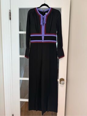 Diane Von Furstenberg Black Silk Tie Neck Wide Leg Jumpsuit Sz 4